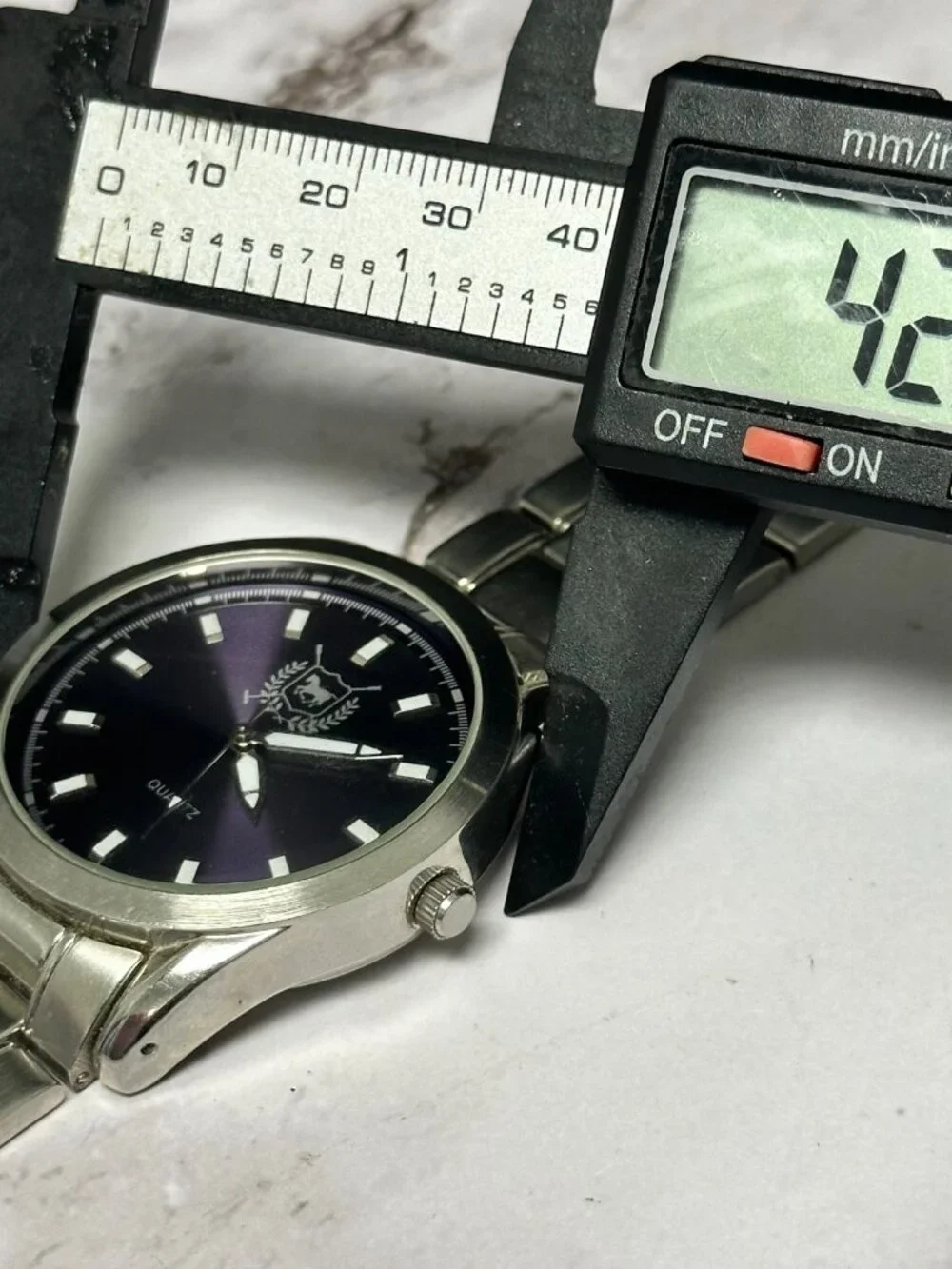 3/$30 Accutime Watch Men Silver Tone Purple Round 42MM Dial New Battery 8.5 Inch